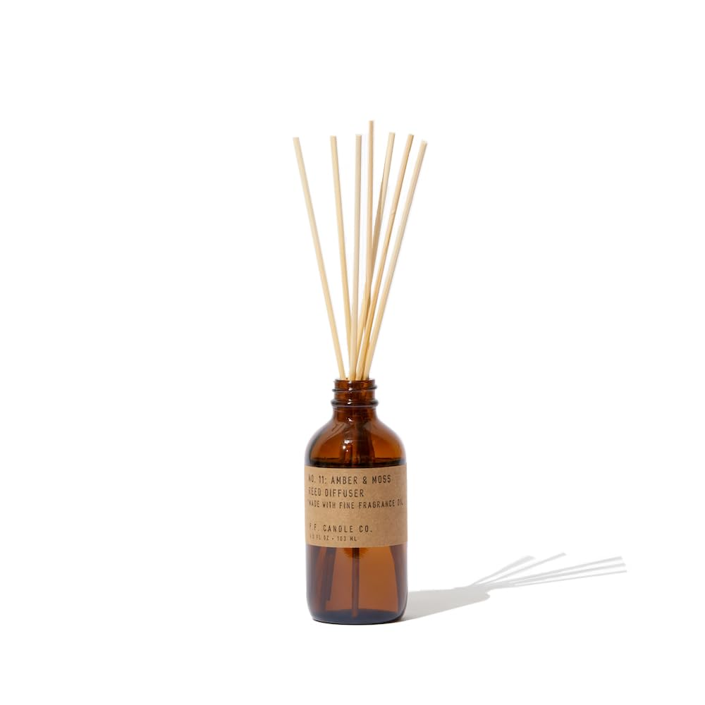 P.F. Candle Co. Teakwood & Tobacco Classic Scented Rattan Reed Diffuser (3.5 fl oz) Amber Glass Jar, Fine Fragrance Oil, Low Maintenance Scent Throw, Made in The U.S.A.