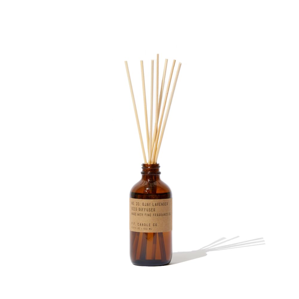 P.F. Candle Co. Teakwood & Tobacco Classic Scented Rattan Reed Diffuser (3.5 fl oz) Amber Glass Jar, Fine Fragrance Oil, Low Maintenance Scent Throw, Made in The U.S.A.