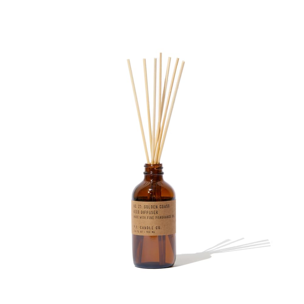 P.F. Candle Co. Teakwood & Tobacco Classic Scented Rattan Reed Diffuser (3.5 fl oz) Amber Glass Jar, Fine Fragrance Oil, Low Maintenance Scent Throw, Made in The U.S.A.