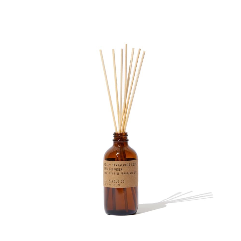 P.F. Candle Co. Teakwood & Tobacco Classic Scented Rattan Reed Diffuser (3.5 fl oz) Amber Glass Jar, Fine Fragrance Oil, Low Maintenance Scent Throw, Made in The U.S.A.