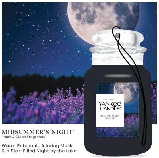 Yankee Candle Classic Paper Car Jar Air Freshener, Hanging Car Freshener, Long Lasting Car Fragrance, Midsummer’s Night (Pack of 6)