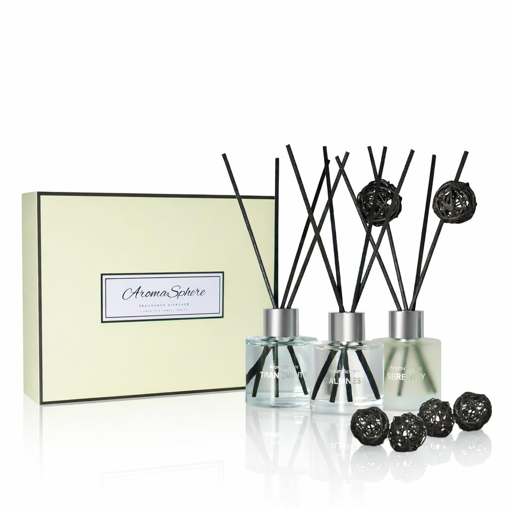 Reed Diffuser Set of 3 | Aromatherapy Fragrance Oil | 12 Sticks and 6 Rattan Balls, 3 x 50ML | Home, Office, Bathroom, Bedroom Essentials (Eucalyptus, Jasmine, Lemongrass, Sky Blue)