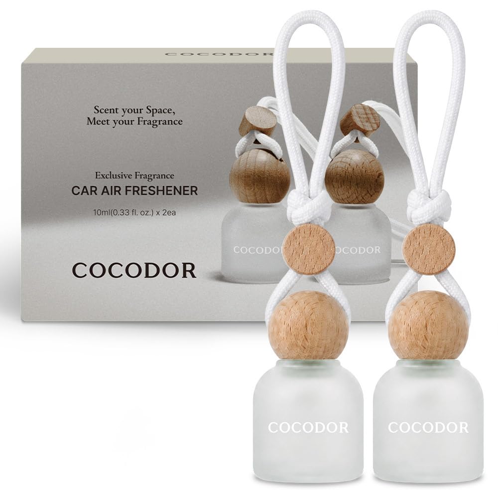 COCODOR Car Air Freshener Diffuser Set with Wooden Caps/White Jasmine /0.34 oz/2 Pack/Hanging Essential Oil Long Lasting Fragrance Pendants for Car Decor
