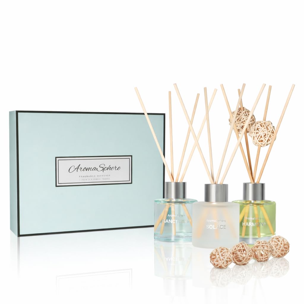 Reed Diffuser Set of 3 | Aromatherapy Fragrance Oil | 12 Sticks and 6 Rattan Balls, 3 x 50ML | Home, Office, Bathroom, Bedroom Essentials (Eucalyptus, Jasmine, Lemongrass, Sky Blue)