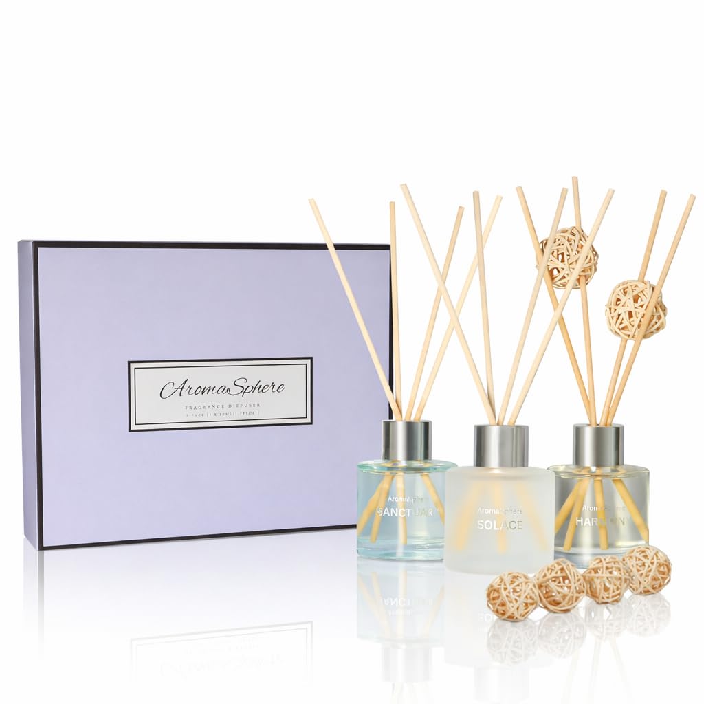 Reed Diffuser Set of 3 | Aromatherapy Fragrance Oil | 12 Sticks and 6 Rattan Balls, 3 x 50ML | Home, Office, Bathroom, Bedroom Essentials (Eucalyptus, Jasmine, Lemongrass, Sky Blue)