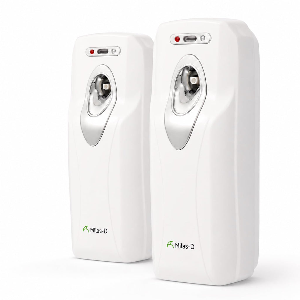 Automatic Air Freshener Spray Dispenser, Custom Timing (Day/Night/24H, 5/10/15/30 min interval), Wall Mounted/Free Standing, Home& Commercial, Glade& Airwick Refill Can, 2 D batteries, Milas-D