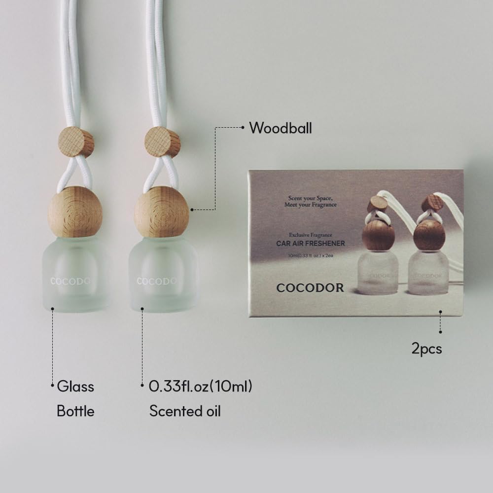 COCODOR Car Air Freshener Diffuser Set with Wooden Caps/White Jasmine /0.34 oz/2 Pack/Hanging Essential Oil Long Lasting Fragrance Pendants for Car Decor