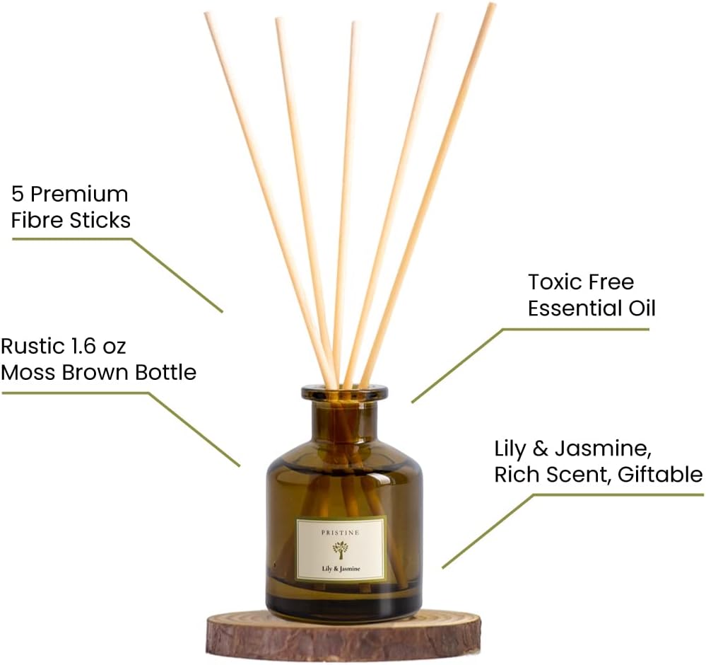 PRISTINE Lily & Jasmine Reed Diffusers for Home & Bathroom | Refreshing Lily of Valley & Jasmine Room Fragrance Reed Diffuser, Oil & Room Diffusers with Reeds Stick Set | Home Fragrance Scent Diffuser
