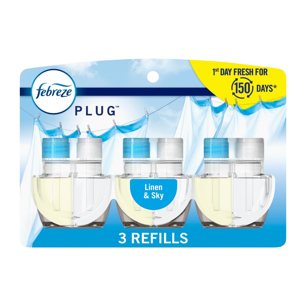 Febreze Plug In Air Freshener, Odor-Fighting Scented Oil Starter Kit, Air Fresheners for Home and Bathroom and Kitchen, Long Lasting for Strong Odors, Linen & Sky Scent, Warmer + 2 Refill