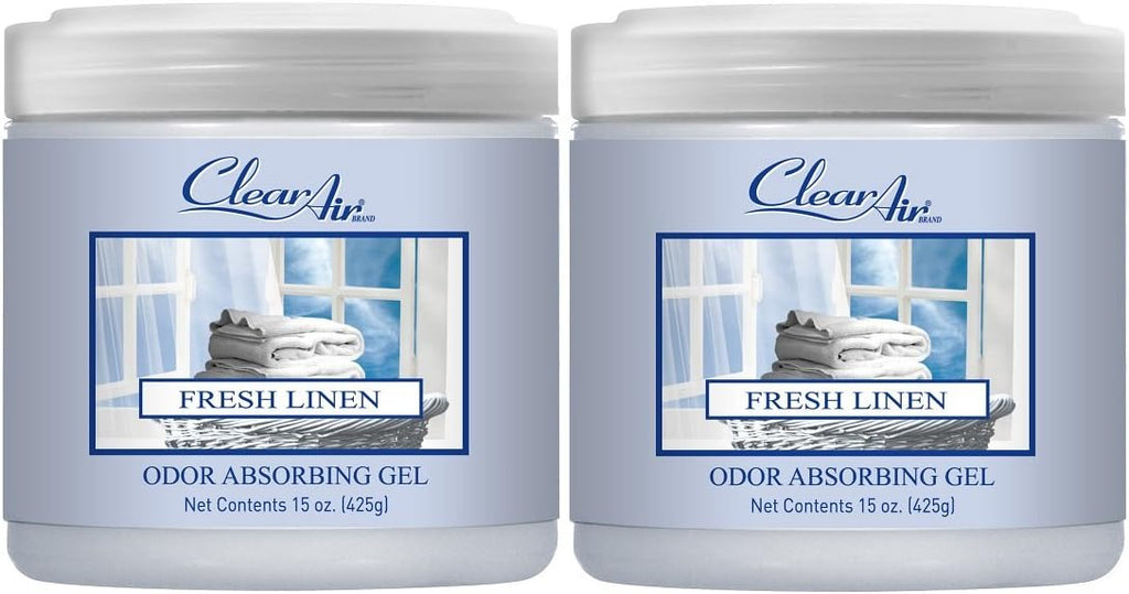 Clear Air 15oz Gel Odor Eliminator - Absorb & Remove Strong Odors from Pets, in Bathrooms, Basements, Garage, Cars, RVs & Boats - Eliminate Tough Odors with Essential Oils (Fresh Linen, 2-Pack)