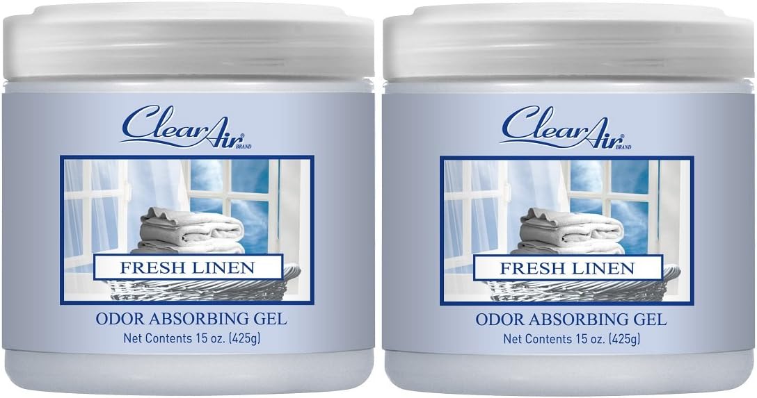 Clear Air 15oz Gel Odor Eliminator - Absorb & Remove Strong Odors from Pets, in Bathrooms, Basements, Garage, Cars, RVs & Boats - Eliminate Tough Odors with Essential Oils (Fresh Linen, 2-Pack)