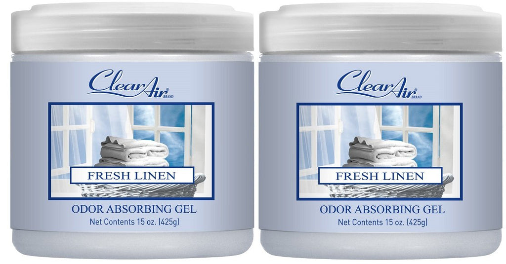 Clear Air 15oz Gel Odor Eliminator - Absorb & Remove Strong Odors from Pets, in Bathrooms, Basements, Garage, Cars, RVs & Boats - Eliminate Tough Odors with Essential Oils (Fresh Linen, 2-Pack)