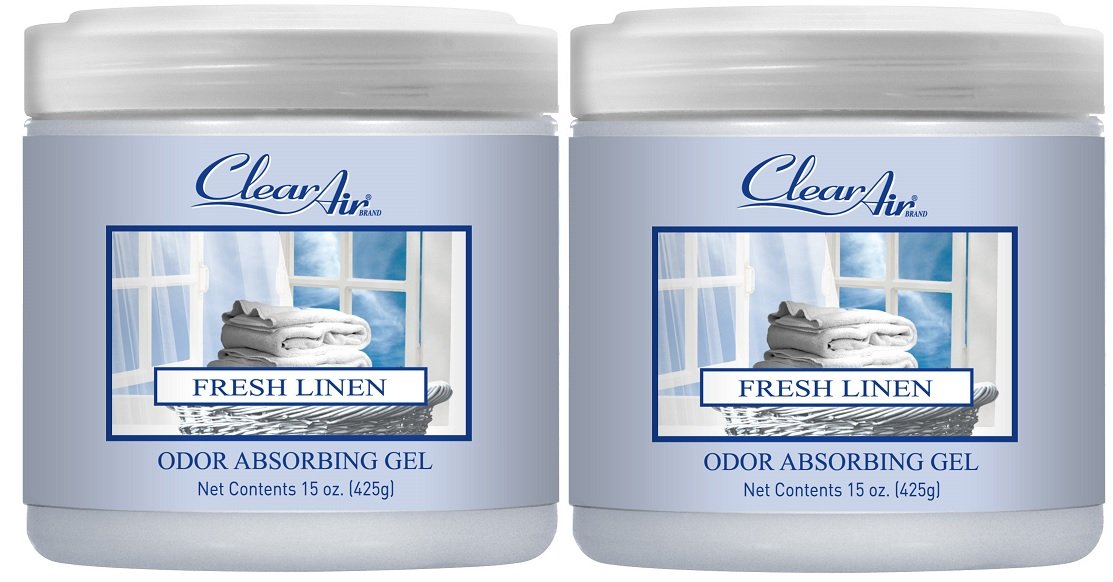 Clear Air 15oz Gel Odor Eliminator - Absorb & Remove Strong Odors from Pets, in Bathrooms, Basements, Garage, Cars, RVs & Boats - Eliminate Tough Odors with Essential Oils (Fresh Linen, 2-Pack)