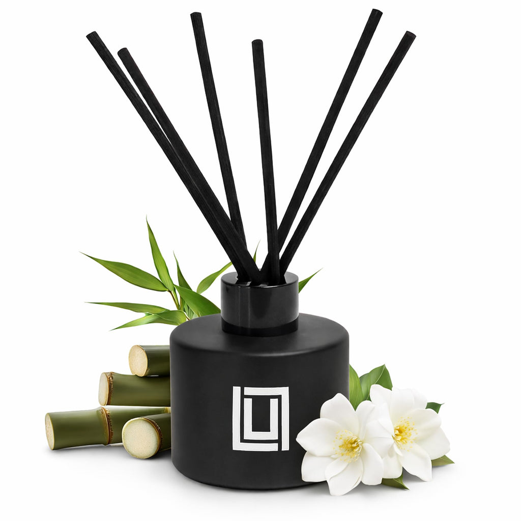 Lulu Candles | Reed Diffuser Set | Jasmine, Oud & Sandalwood | 6 Reed Sticks | Scent Diffuser for Bedroom Bathroom Living Room & Office - 4.2 FL Oz.