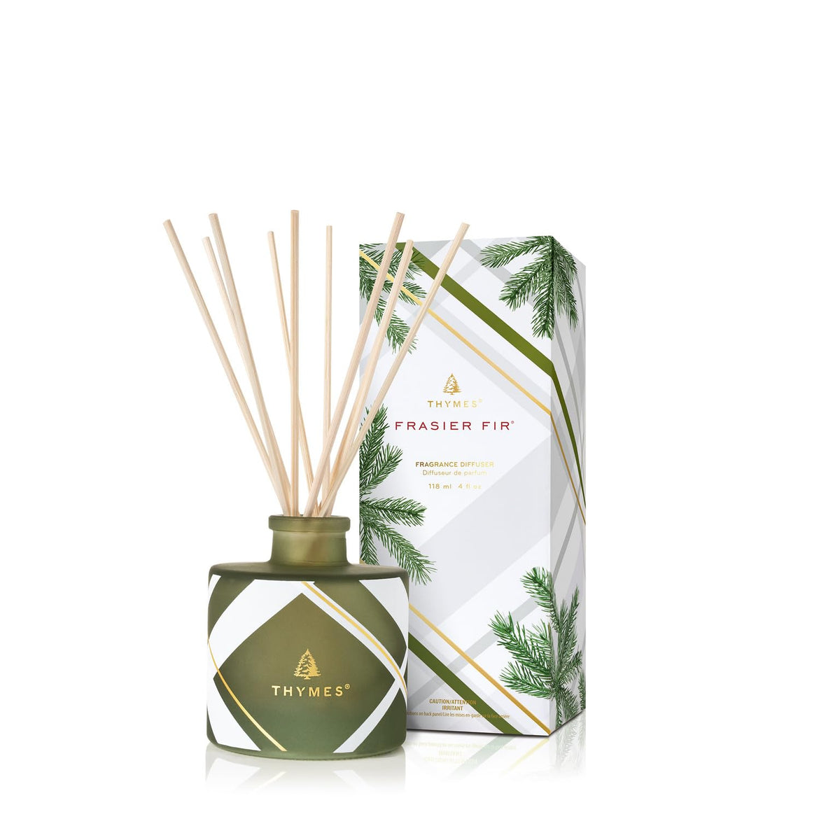 Thymes Frasier Fir Reed Diffuser Set – Includes Reeds, Fragrance Oil, and Frosted Glass Bottle – Fragrance Oil Diffuser – Room Fresheners – Luxury Home Decor – Green & Clear (Pine Needle, 4 fl oz)