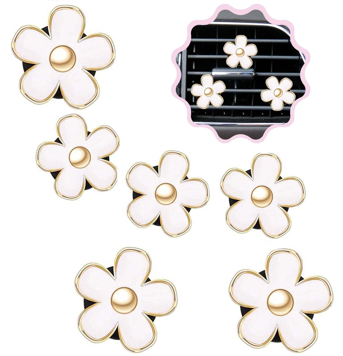 6 Pcs Daisy Flower Air Vent Clip Air Conditioning Outlet Clip Car Air Freshener Clip Car Interior Decor Charm Colorful Car Interior Accessories for Girls Women (White)