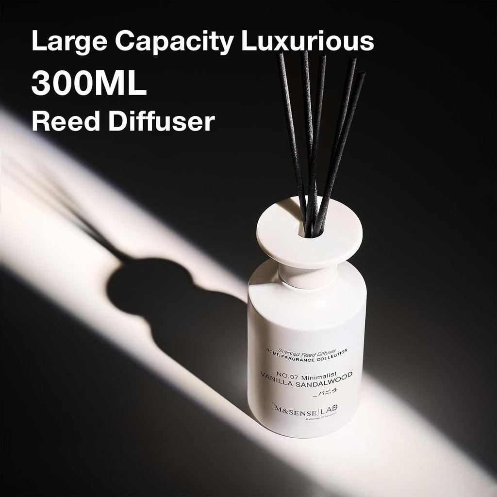 M&SENSE Minimalist Large Reed Diffuser 300ml, Vanilla Sandalwood Scented with Natural Essential Oils, Long Lasting with 7 Sticks, Non-Toxic Home Fragrance for Bedroom, Bathroom Decor