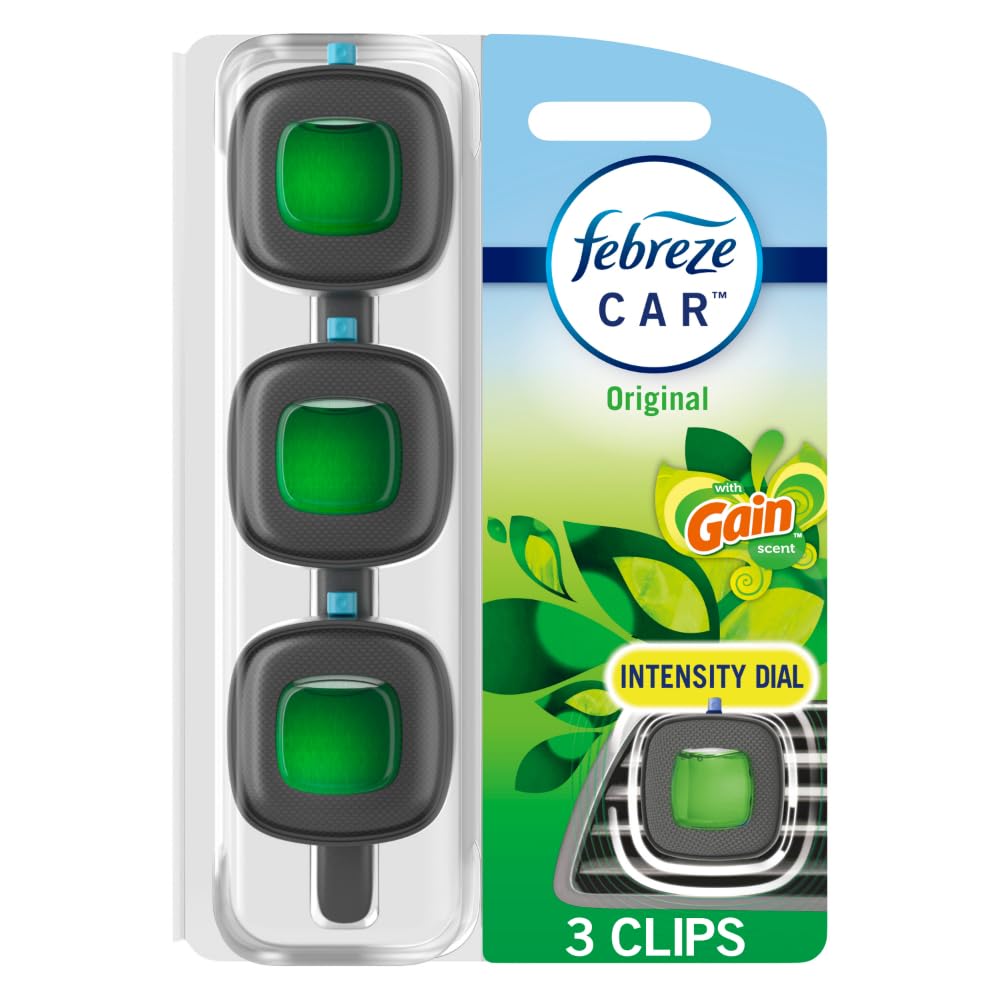 Febreze Car Air Freshener, Odor-Fighting Automotive Vent Clip, Mixed Gain Scent, 3 Count