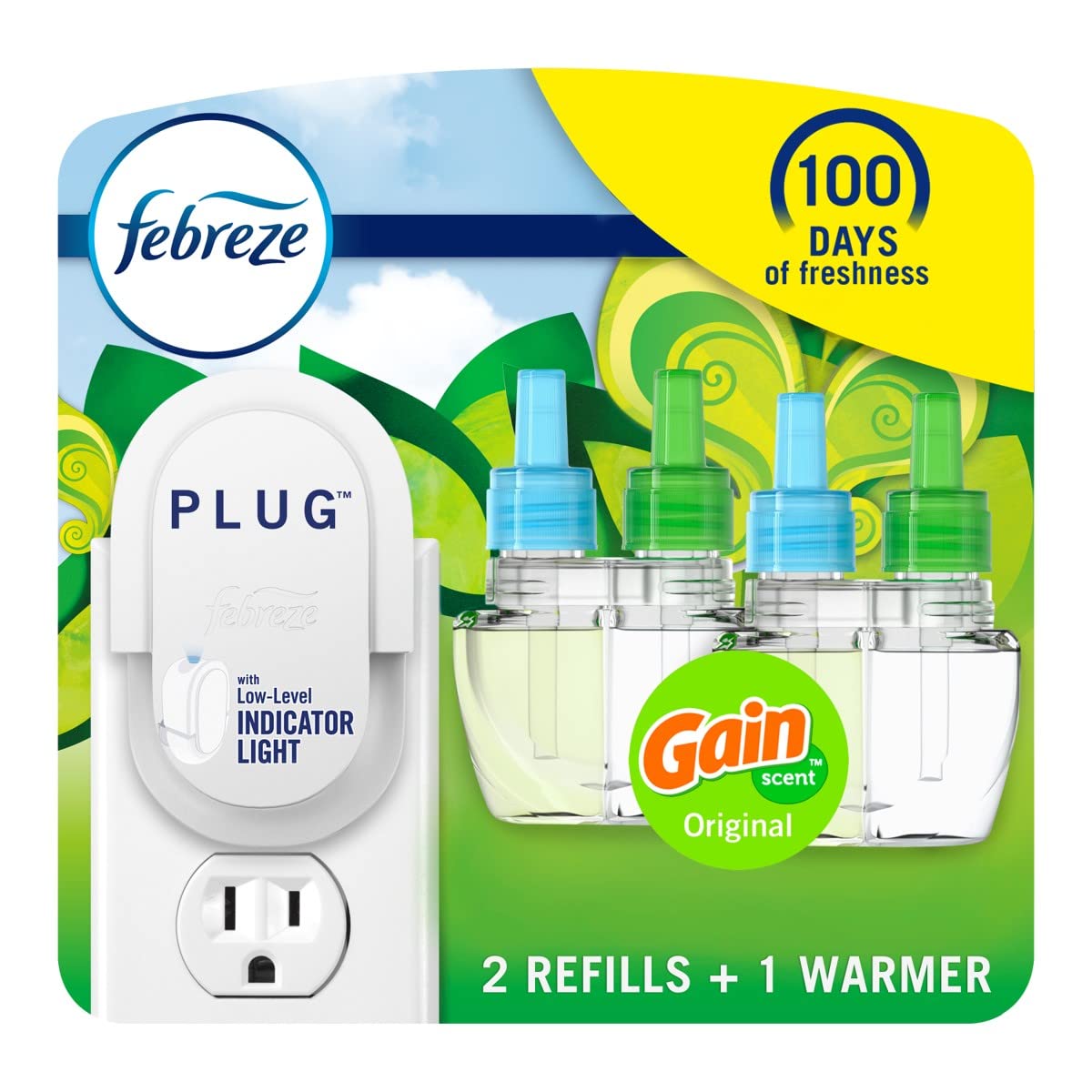 Febreze Plug-In Air Freshener, Odor-Fighting Scented Oil Starter Kit, Air Fresheners for Home, Bathroom and Kitchen, Long Lasting, Gain Original Scent, Warmer + 4 Refill, Multicolor