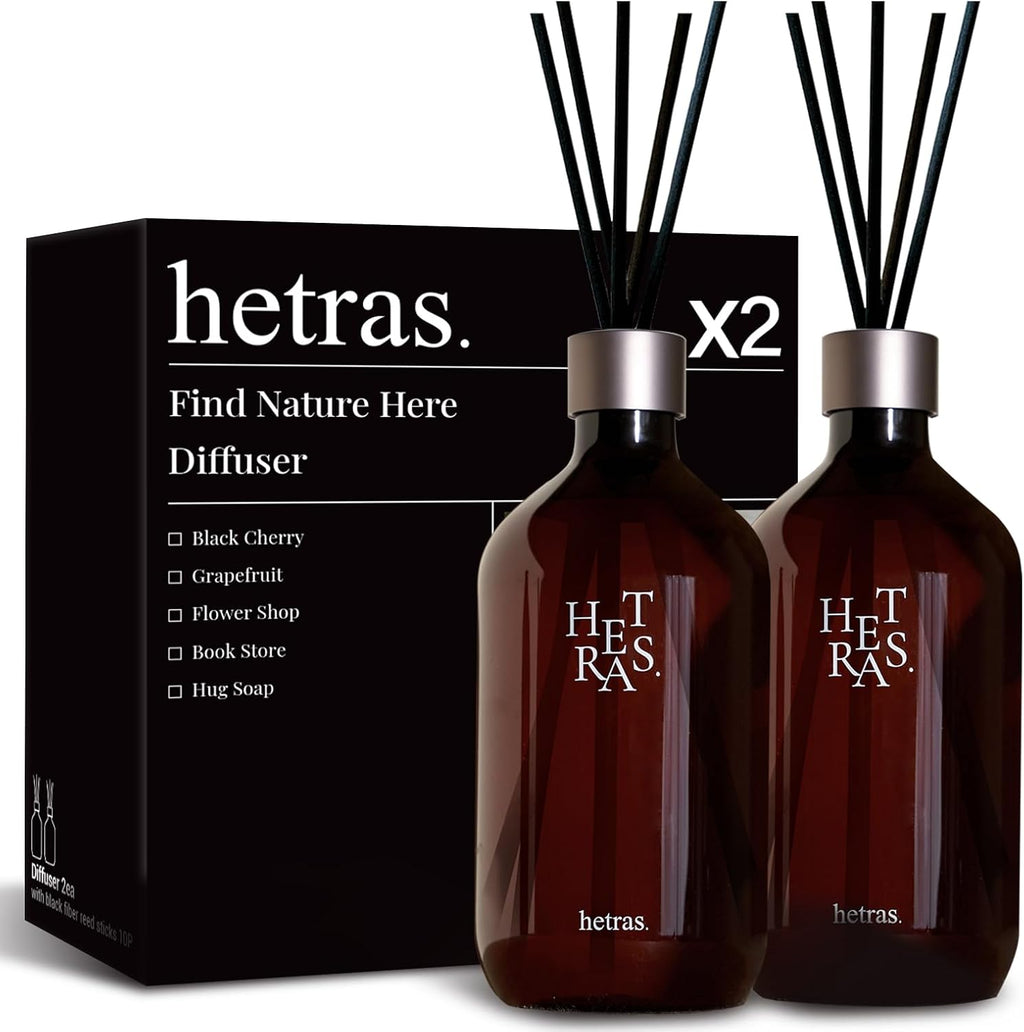 hetras Premium Reed Diffuser Set (Jeju Saryeoni Forest Scent)–Large Capacity Value 2-Pack | 16.9 fl.oz x 2 Bottles with 10 Reed Sticks Total | Fresh Green & Orange Citrus Aroma | Luxury Decor & Gift