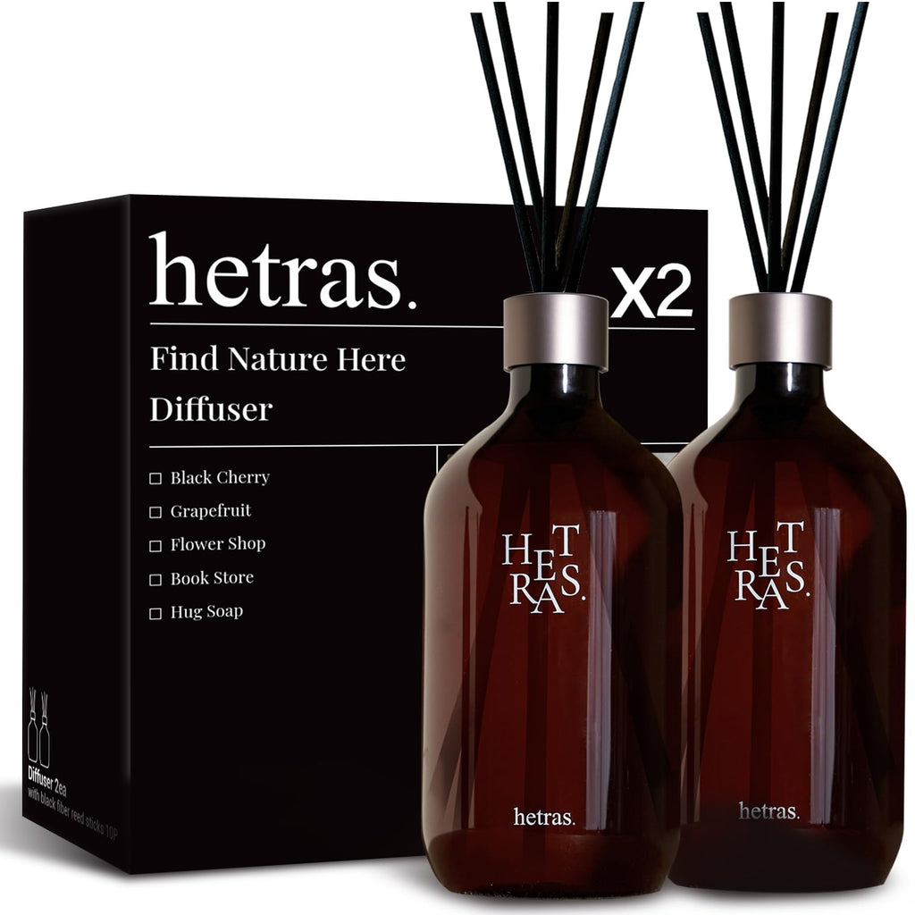 hetras Premium Reed Diffuser Set (Jeju Saryeoni Forest Scent)–Large Capacity Value 2-Pack | 16.9 fl.oz x 2 Bottles with 10 Reed Sticks Total | Fresh Green & Orange Citrus Aroma | Luxury Decor & Gift