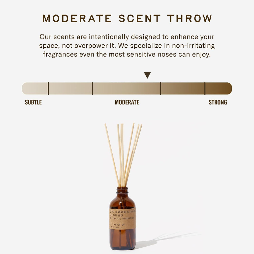 P.F. Candle Co. Teakwood & Tobacco Classic Scented Rattan Reed Diffuser (3.5 fl oz) Amber Glass Jar, Fine Fragrance Oil, Low Maintenance Scent Throw, Made in The U.S.A.