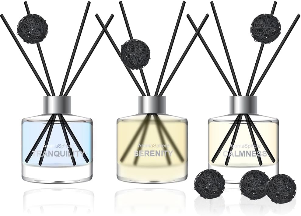 Reed Diffuser Set of 3 | Aromatherapy Fragrance Oil | 12 Sticks and 6 Rattan Balls, 3 x 50ML | Home, Office, Bathroom, Bedroom Essentials (Eucalyptus, Jasmine, Lemongrass, Sky Blue)
