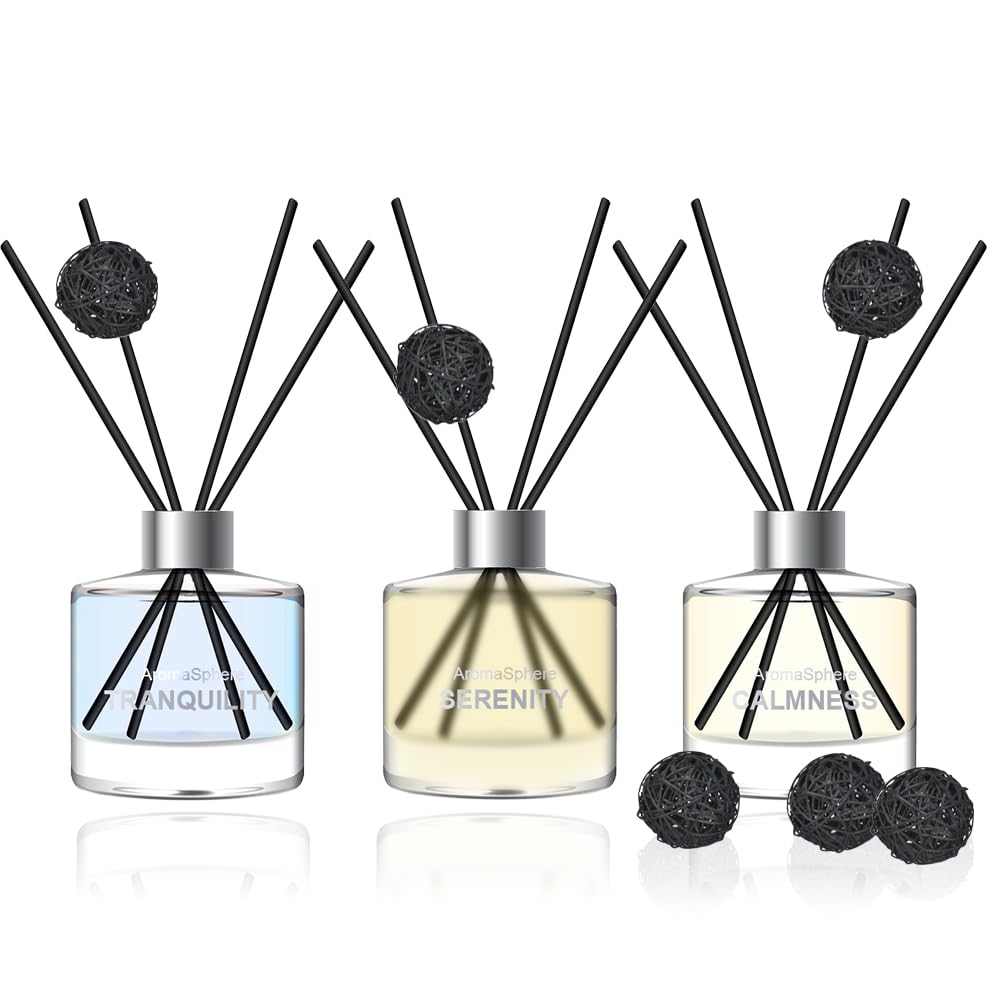 Reed Diffuser Set of 3 | Aromatherapy Fragrance Oil | 12 Sticks and 6 Rattan Balls, 3 x 50ML | Home, Office, Bathroom, Bedroom Essentials (Eucalyptus, Jasmine, Lemongrass, Sky Blue)