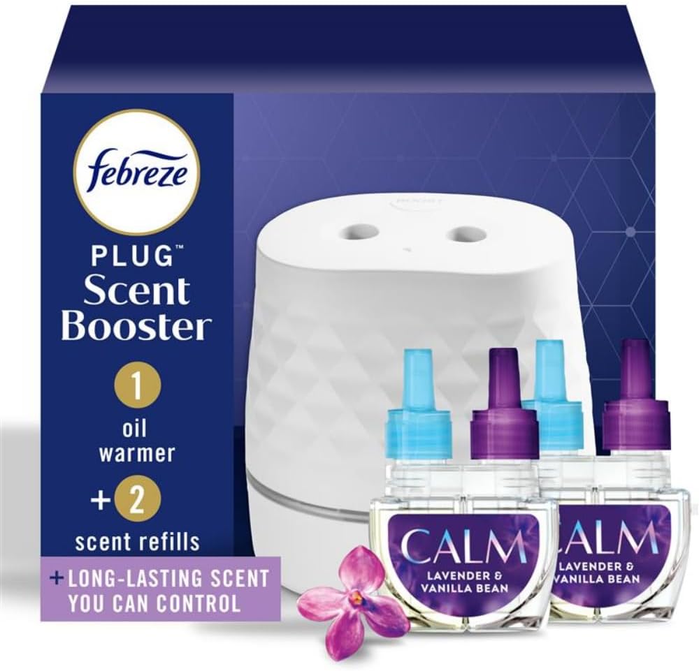 Febreze Plug Scent Booster Air Freshener Oil Diffuser + 2 Downy Calm Refill