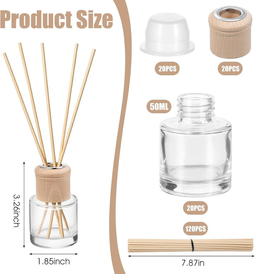 20 Set Reed Diffuser Bottle Refillable Empty Glass Jars with Wooden Caps & Sticks, 50ml (1.7 oz) Round Wide Mouth Bottles for DIY Fragrance, Home Decor, Gifts