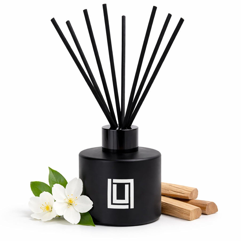 Lulu Candles | Reed Diffuser Set | Jasmine, Oud & Sandalwood | 6 Reed Sticks | Scent Diffuser for Bedroom Bathroom Living Room & Office - 4.2 FL Oz.