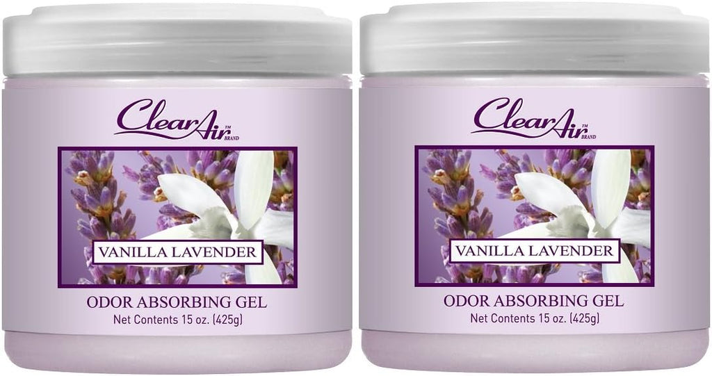 Clear Air 15oz Gel Odor Eliminator - Absorb & Remove Strong Odors from Pets, in Bathrooms, Basements, Garage, Cars, RVs & Boats - Eliminate Tough Odors with Essential Oils (Vanilla Lavender, 2-Pack)
