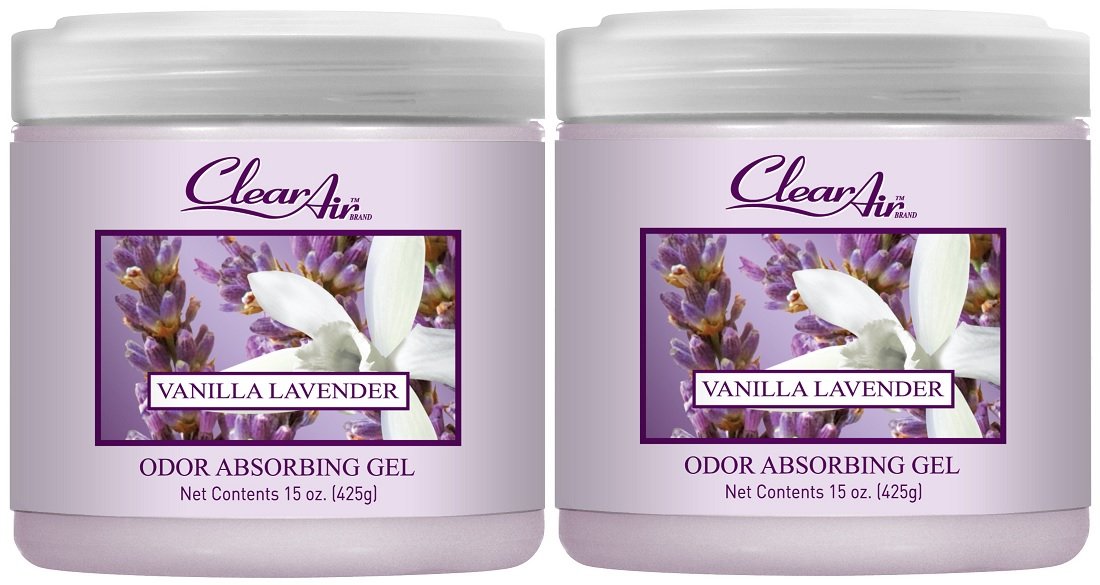Clear Air 15oz Gel Odor Eliminator - Absorb & Remove Strong Odors from Pets, in Bathrooms, Basements, Garage, Cars, RVs & Boats - Eliminate Tough Odors with Essential Oils (Vanilla Lavender, 2-Pack)