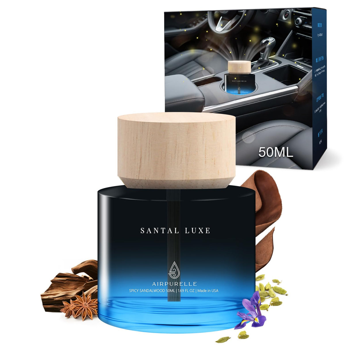Car Air Freshener 50ML (1.7 FL OZ) Car Air Fresheners Perfume - Mahogany Teakwood Fragrance Oil Air Diffuser for Car, 180+ days Long Lasting Fragrance, Wooden Cup Design Car Fresheners, Made in USA