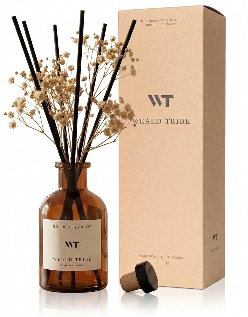 WEALD TRIBE Reed Diffuser Set for Bathroom Air Fresheners, Oil Diffuser Sticks | White Tea Scent 4.0 fl oz Home Fragrance with Sticks Defusers | House Bedroom Office Shelf Decor