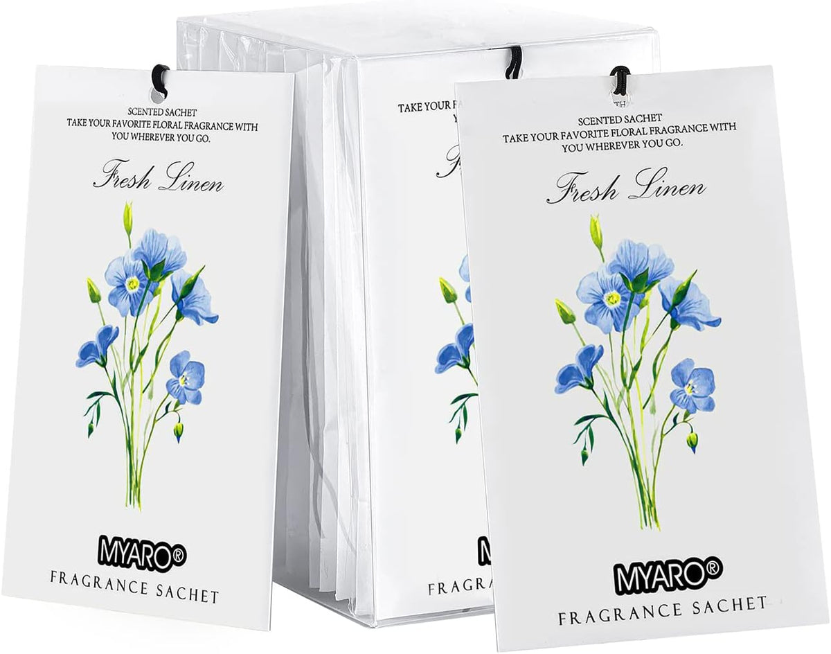 MYARO 12 Pack Fresh Linen Scented Sachets, Closet Deodorizer Car Freshener
