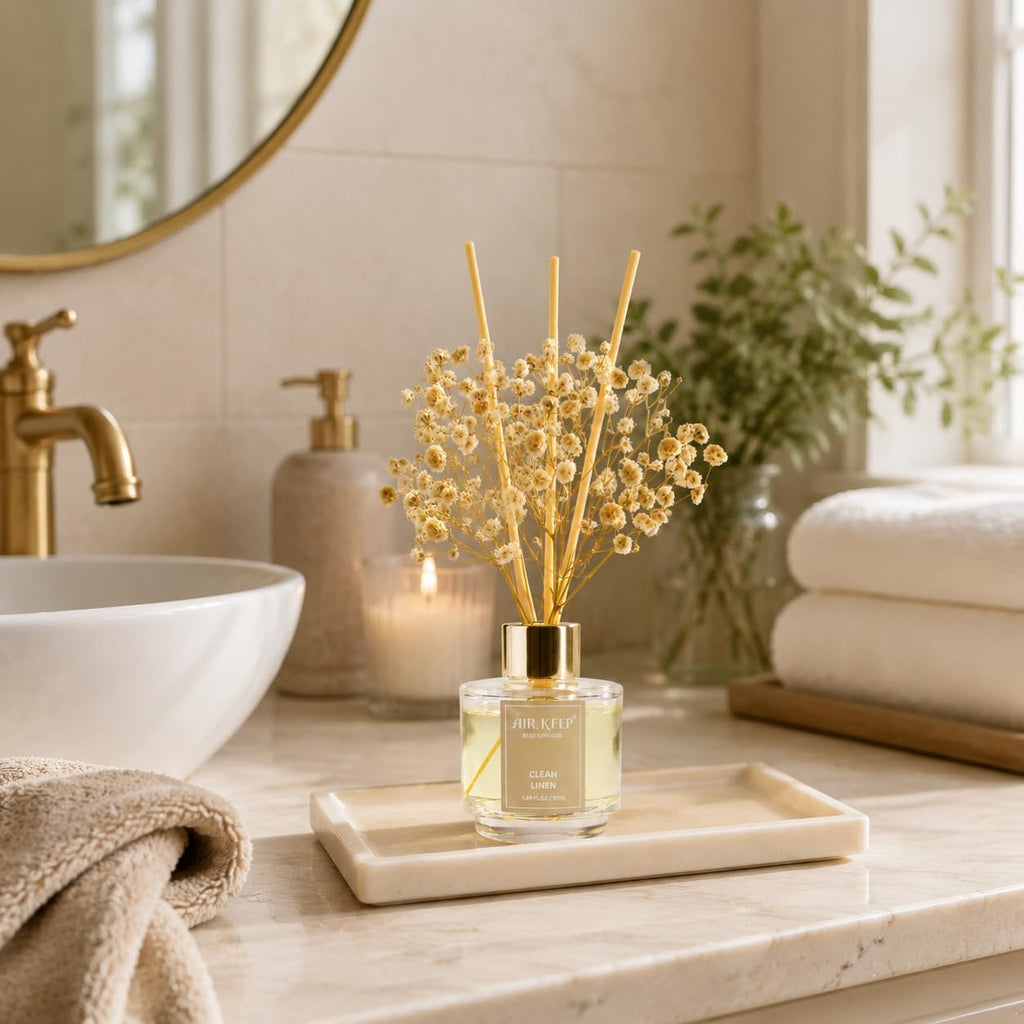 Airkeep Reed Diffuser Set of 3,Clean Linen Ocean Mist&Sea Salt Lavender Eucalyptus Oil Reed Diffusers for Bedroom Living Room Office Aromatherapy Oil Reed Diffuser for Gift 50ml x 3