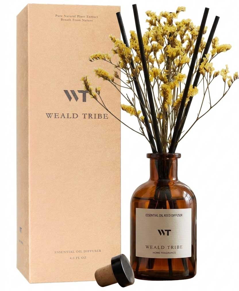 WEALD TRIBE Reed Diffuser Set for Bathroom Air Fresheners, Oil Diffuser Sticks | White Tea Scent 4.0 fl oz Home Fragrance with Sticks Defusers | House Bedroom Office Shelf Decor