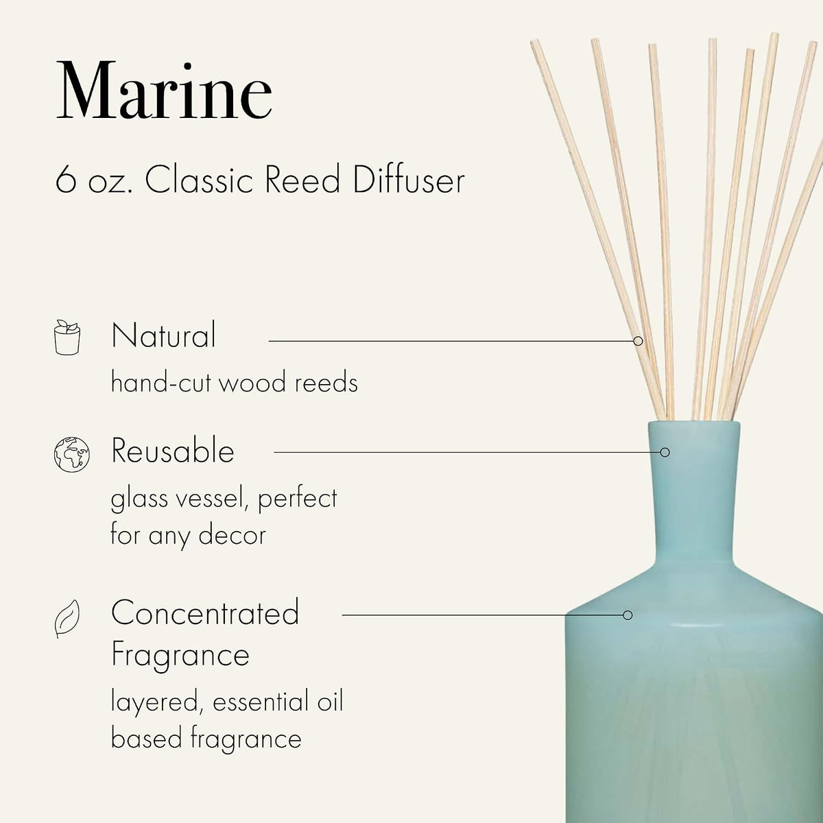 LAFCO New York Classic Reed Diffuser, Marine - 6 oz - Up to 3 Months Fragrance Life - Reusable Glass Vessel - Natural Wood Reeds - Made in the USA
