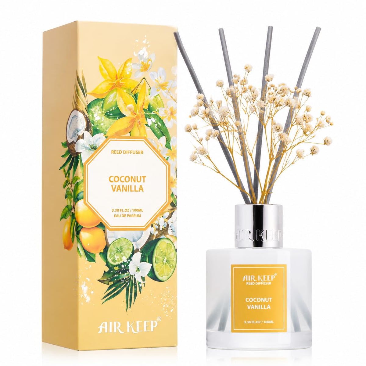 Airkeep Reed Diffuser Set,3.38 fl oz (100 ml) - Clean Cotton Oil Diffusers with 8 Reed Sticks, Home Fragrance Reed Diffuser for Bathroom Shelf Decor