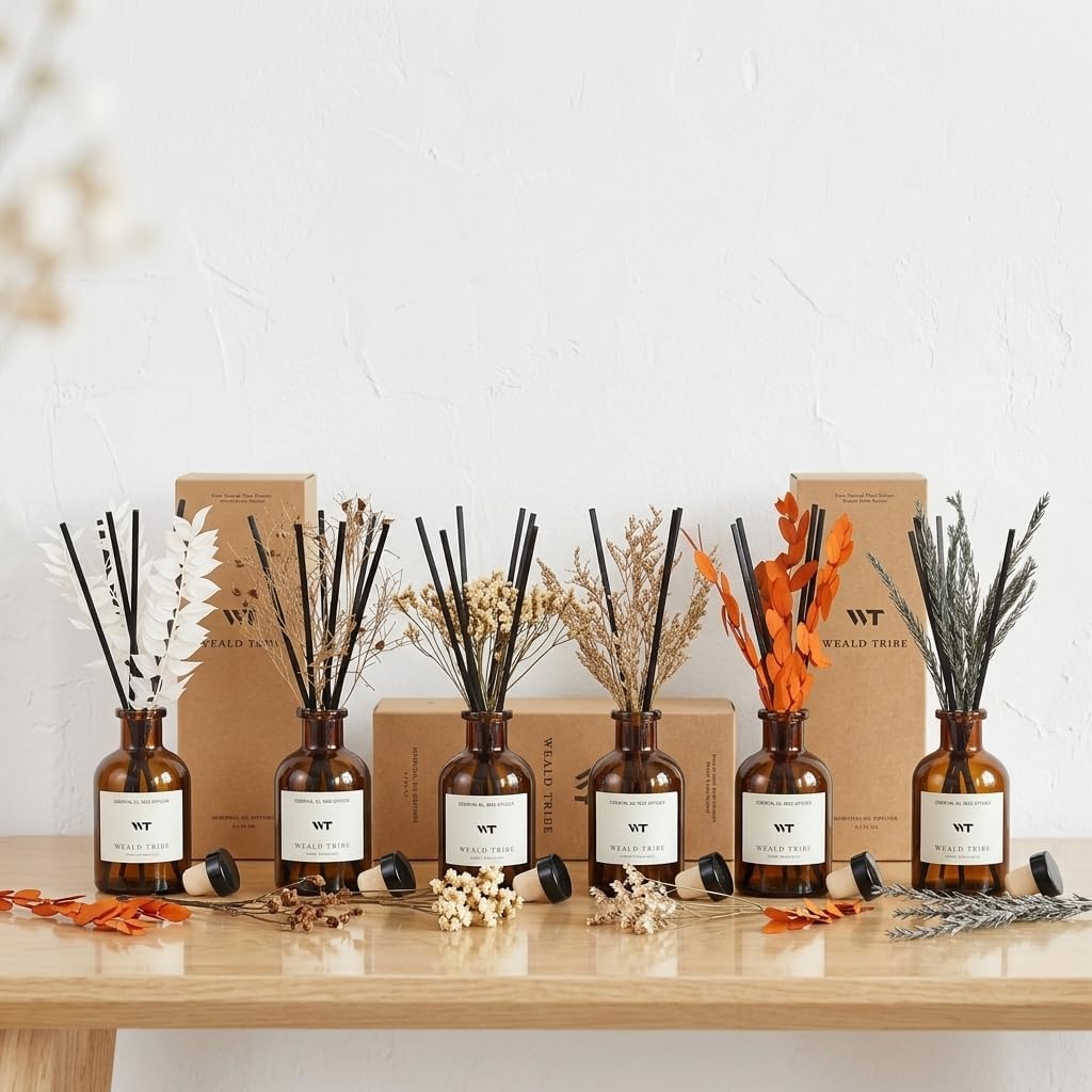 WEALD TRIBE Flower Reed Diffuser Set Vanilla Cinnamon Scent for Bathroom Air Fresheners | 4.0 fl oz Fragrance Oils with Sticks Home Fragrance Defusers | House Bedroom Office Shelf Decor & Gift