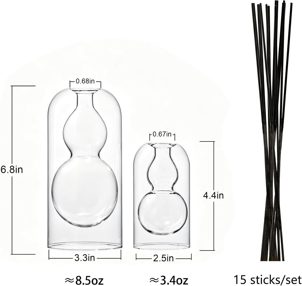 Reed Diffuser Bottles 2pcs/Set, Glass Gourd-Shaped Empty Diffuser Bottle with 15 Reed Sticks for DIY Aromatherapy, Home Fragrance Decor