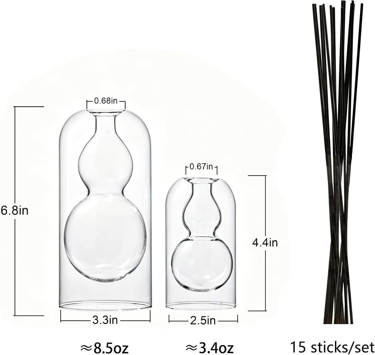 Reed Diffuser Bottles 2pcs/Set, Glass Gourd-Shaped Empty Diffuser Bottle with 15 Reed Sticks for DIY Aromatherapy, Home Fragrance Decor