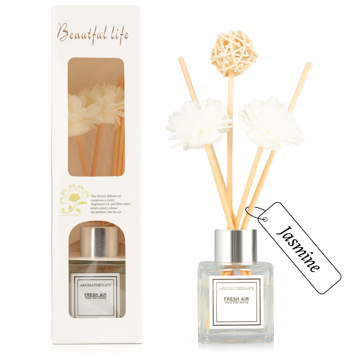 2PCS Reed Diffuser Set, 1.7 oz Scent Diffuser with Sticks, Jasmine Scent