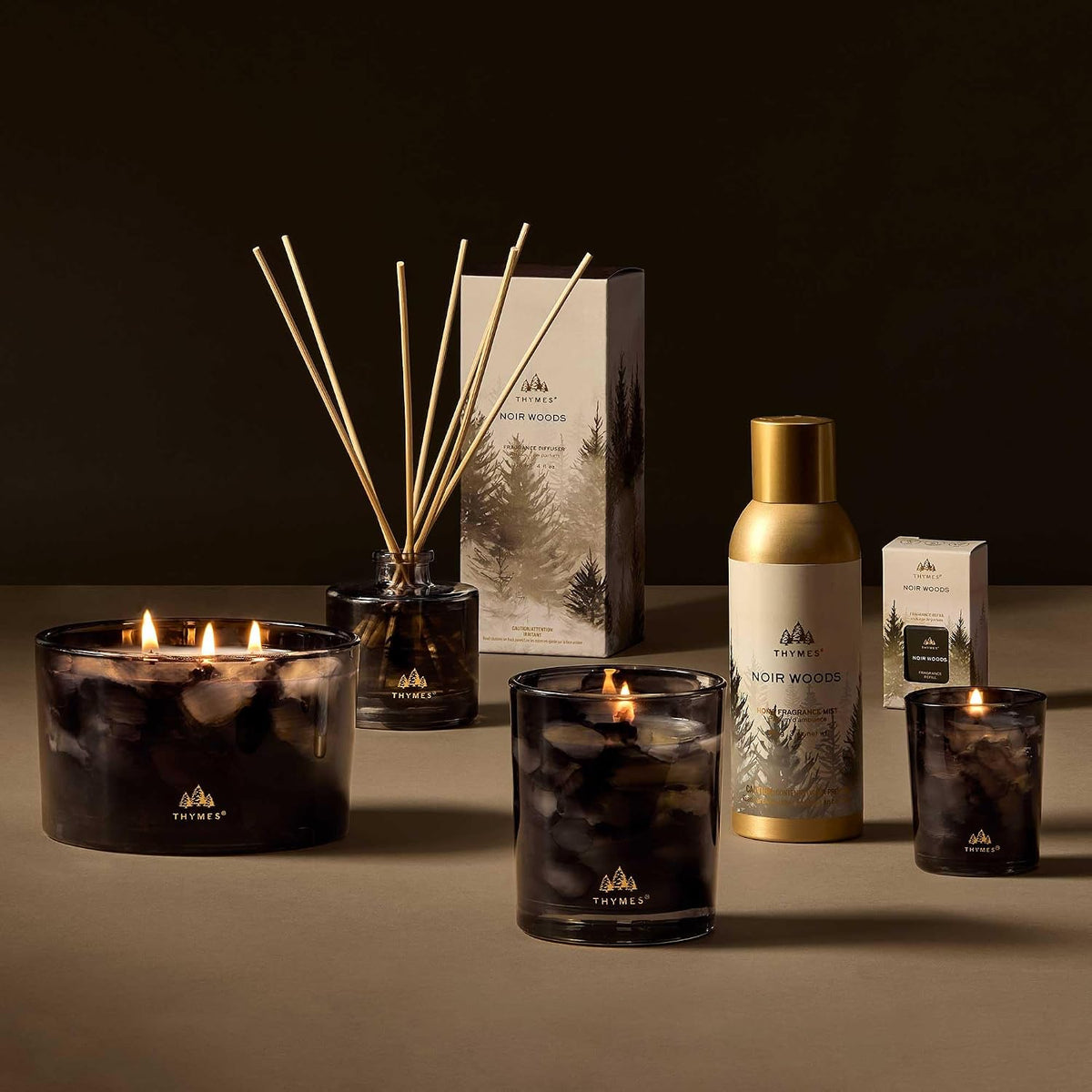 Thymes Petite Oil Reed Diffuser Set – Includes Reeds, Fragrance Oil & Glass Bottle – Luxury Scent Diffusers for Home Decor –Fresh Evergreen, Smoky Wood & Golden Amber (Noir Woods, 4 fl oz)