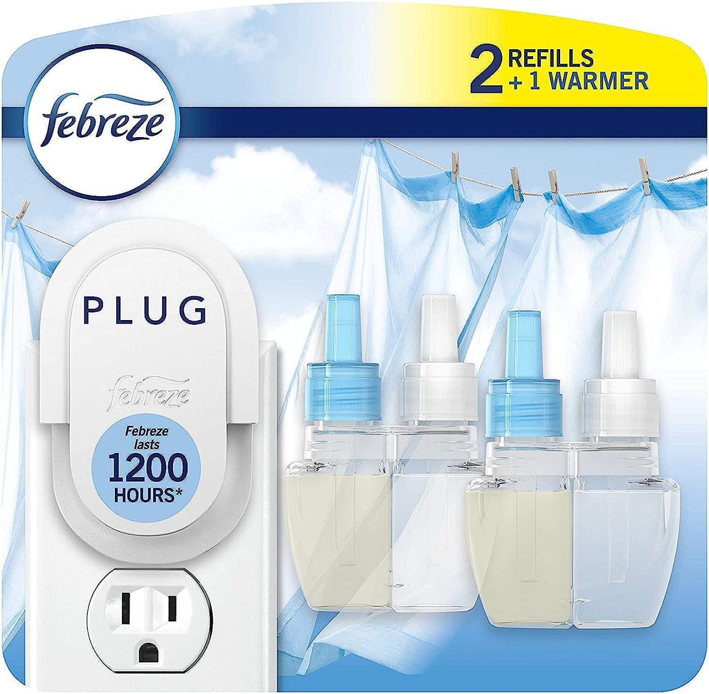 Febreze Plug In Air Freshener, Odor-Fighting Scented Oil Starter Kit, Air Fresheners for Home and Bathroom and Kitchen, Long Lasting for Strong Odors, Linen & Sky Scent, Warmer + 2 Refill