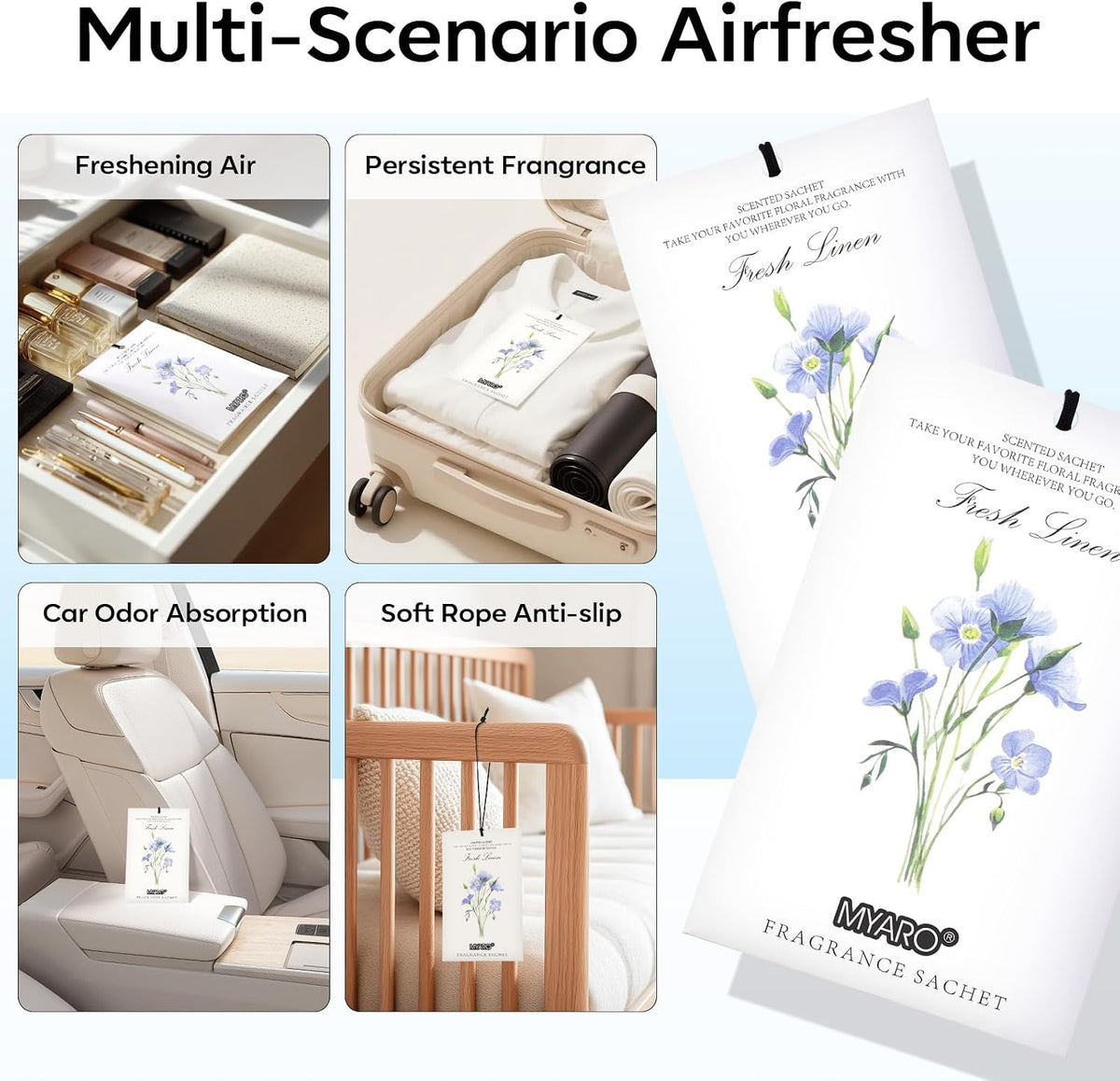MYARO 12 Pack Fresh Linen Scented Sachets, Closet Deodorizer Car Freshener