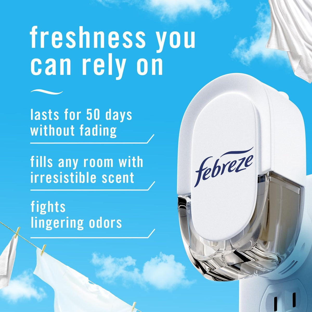 Febreze Plug In Air Freshener, Odor-Fighting Scented Oil Starter Kit, Air Fresheners for Home and Bathroom and Kitchen, Long Lasting for Strong Odors, Linen & Sky Scent, Warmer + 2 Refill