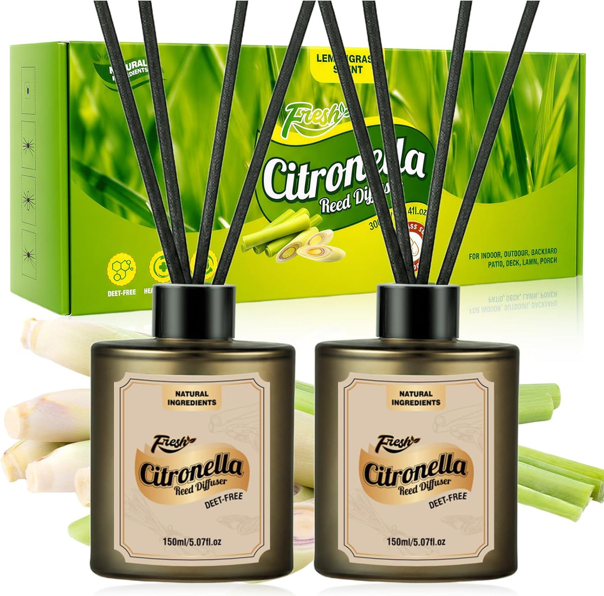 STRN Citronella Reed Diffuser Set, Lemongrass Scent Diffuser 300ML
