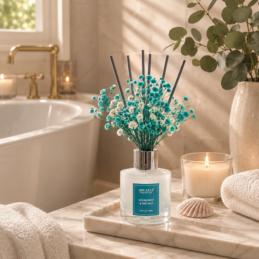 Airkeep Reed Diffuser Set,3.38 fl oz (100 ml) - Ocean Mist&Sea Salt Oil Diffusers with 8 Reed Sticks,Home Fragrance Reed Diffuser for Bathroom Shelf Decor